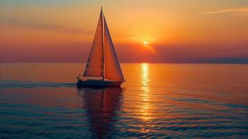 AI generated Sailboat on the Horizon at Sunset with Golden Light photo