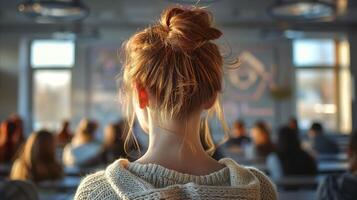 AI generated Young student focused in a classroom setting, shot from behind photo