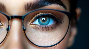 AI generated Close-up of eye with reflection in glasses lens photo