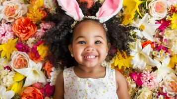 AI generated Cheerful young girl with bunny ears surrounded by flowers photo
