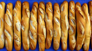 AI generated Golden-brown baguettes lined up on a bright background photo