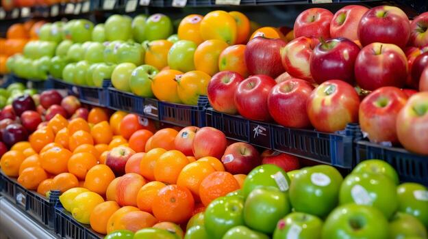 AI generated Abundance of fruits displayed in grocery store photo
