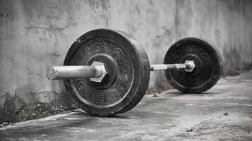 AI generated Heavy barbell on concrete floor in gritty urban setting photo