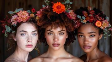 ai generado Tres diverso mujer con floral tocados posando juntos foto