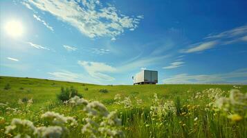 AI generated White truck parked in a vibrant flower field on a sunny day photo