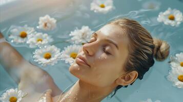 AI generated Relaxing spa day with tranquil water and floating flowers photo