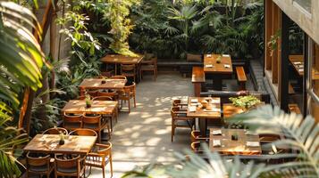 ai generado acogedor al aire libre comida zona con lozano plantas y de madera mueble foto