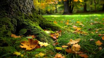 AI generated Autumn tranquility with scattered leaves by a tree photo