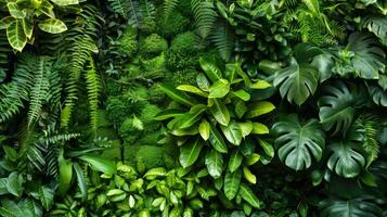 AI generated Lush green foliage background featuring a variety of plants photo