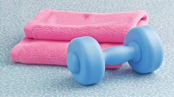 AI generated Pink towel and blue dumbbell on patterned background photo