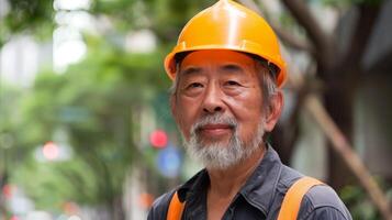 ai generado maduro japonés ingeniero con difícil sombrero en urbano ajuste foto