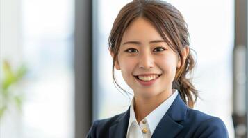 ai generado confidente joven japonés mujer de negocios sonriente en oficina foto