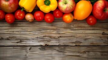 AI generated Assorted fruits and vegetables on wooden table photo