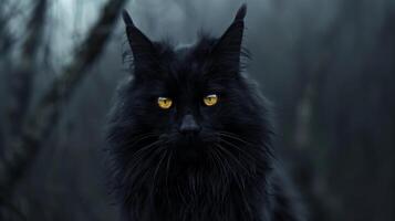 ai generado majestuoso negro gato con sorprendentes amarillo ojos en un místico bosque foto