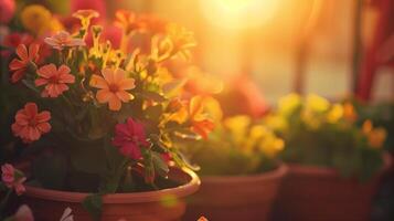 AI generated Beautiful sunset illuminating colorful potted flowers photo