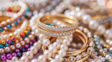 AI generated Assorted luxury jewelry with pearls and gemstones close-up photo