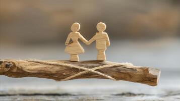 AI generated Wooden figurines holding hands on a branch photo