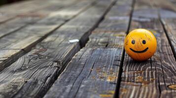 AI generated Smiley face ball on weathered wooden background photo