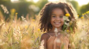 AI generated Young woman enjoying golden hour in a wild meadow photo