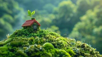 AI generated Small eco-friendly house on lush green moss photo