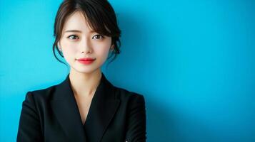 AI generated Confident Japanese businesswoman against a blue background photo