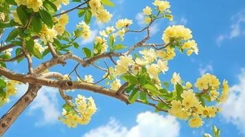 AI generated Vibrant yellow flowers blossoming under a clear blue sky photo