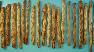 AI generated Freshly Baked Golden-Brown Baguettes on Teal Background photo