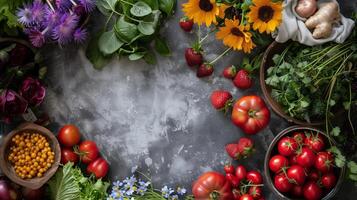 AI generated Fresh organic produce and flowers on a rustic background photo