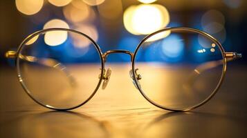 AI generated Classic round eyeglasses with bokeh night lights background photo