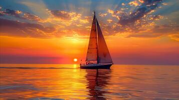 ai generado navegación yate en pacífico Oceano a dorado puesta de sol foto