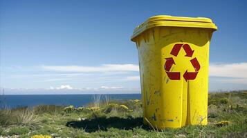 AI generated Yellow recycling bin with symbol by the seaside photo