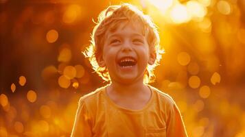 ai generado alegre niño jugando al aire libre durante dorado hora foto