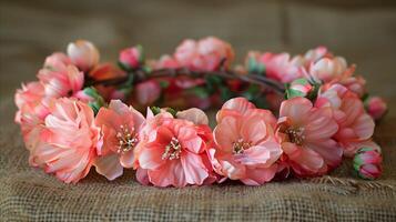 AI generated Handmade pink flower crown on a burlap background photo