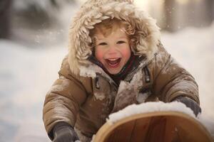 AI generated Smiling kid sledding snow outdoor nature. Generate Ai photo