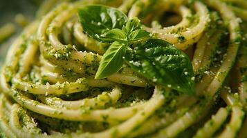 AI generated Italian pasta with nasturtium leaf pesto. Italian cuisine, food, pesto, pasta, top view, copy space, close-up. photo