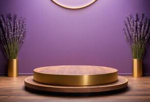 AI generated 3D Wooden Podium with Lavender color Background for Calming Product Display photo