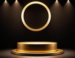 AI generated Empty gold podium with gold ring on background. 3d render. Dark abstract luxury Background photo