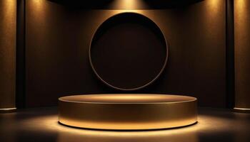 AI generated Empty gold podium with gold ring on background. 3d render. Dark abstract luxury Background photo