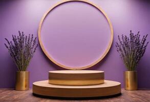 AI generated 3D Wooden Podium with Lavender color Background for Calming Product Display photo