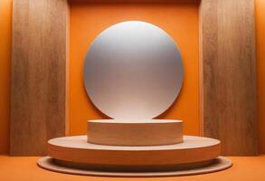 AI generated Orange colored background with wooden podium. Product display. Empty wooden showcase, stand, platform photo