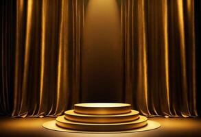 AI generated 3d Gold podium background and gold fabric curtain with luxury background photo