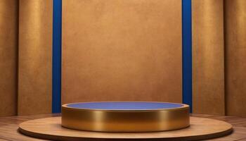 AI generated Royal Blue background with a wooden podium. Luxury Podium photo