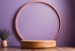 AI generated 3D Wooden Podium with Lavender color Background for Calming Product Display photo