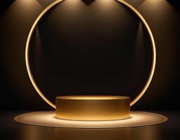 AI generated Empty gold podium with gold ring on background. 3d render. Dark abstract luxury Background photo