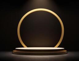 AI generated Empty gold podium with gold ring on background. 3d render. Dark abstract luxury Background photo