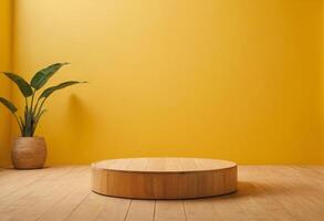 AI generated Wooden cut podium on yellow room background photo