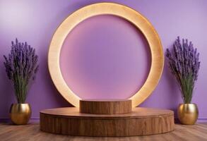 AI generated 3D Wooden Podium with Lavender color Background for Calming Product Display photo