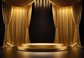 AI generated 3d Gold podium background and gold fabric curtain with luxury background photo