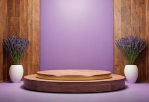 AI generated 3D Wooden Podium with Lavender color Background for Calming Product Display photo