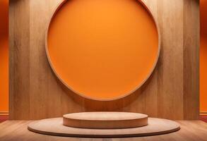 AI generated Orange colored background with wooden podium. Product display. Empty wooden showcase, stand, platform photo